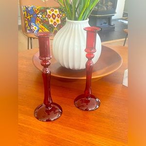 Pair of Ruby Red glass candle holders 9 1/2”. VINTAGE